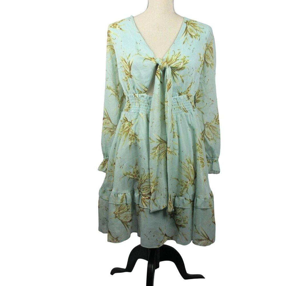 Floral Boho Long-Sleeve Tie-Front Ruffle Dress Size XL Light Green Boho - Picture 2 of 7